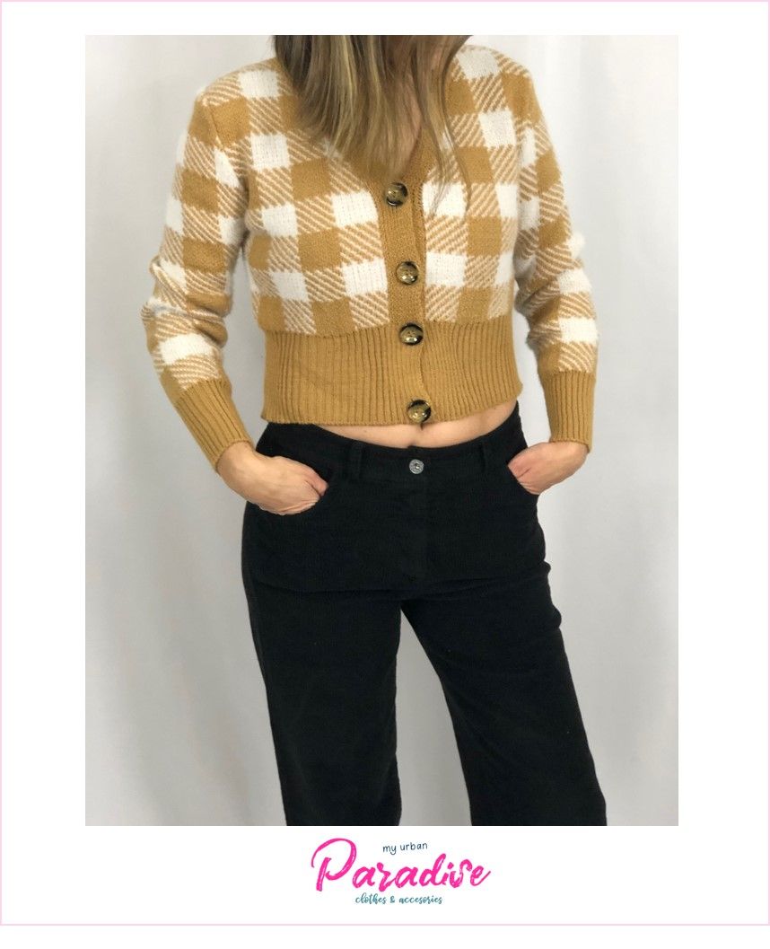 Cardigan cropped cuadros - camel